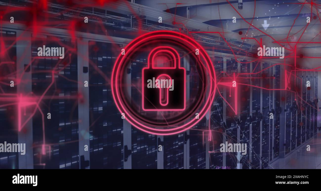 Image of padlock icon over computer servers Stock Photo