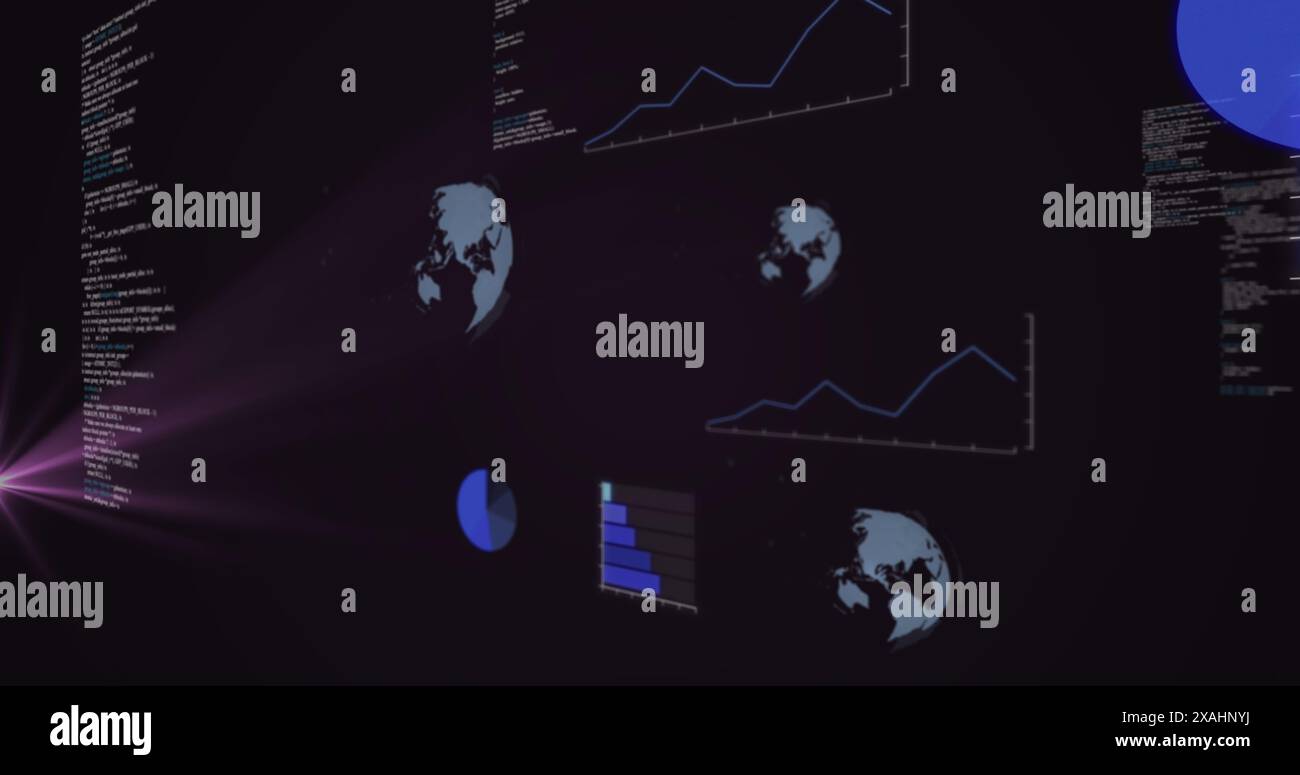 Image of data processing and purple light spot against black background Stock Photo