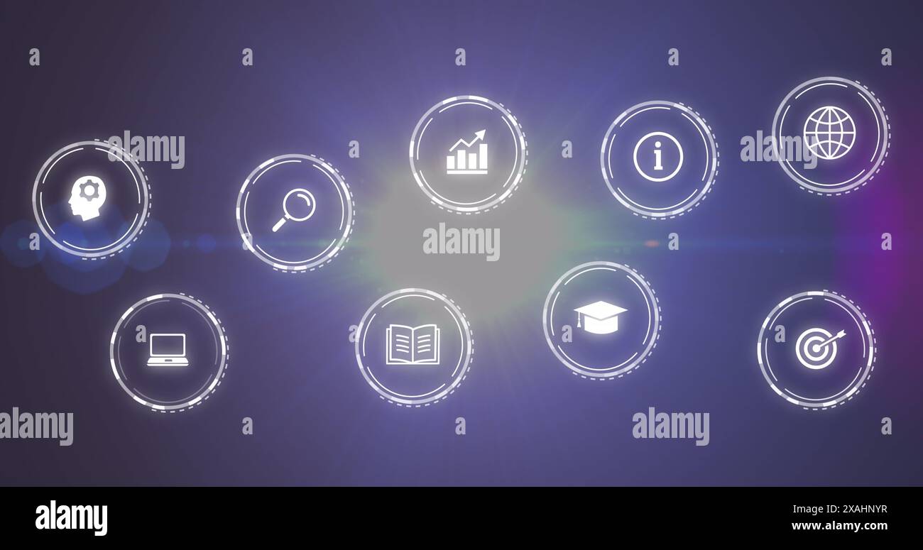 Image of multiple digital icons over bright light spot against purple background Stock Photo