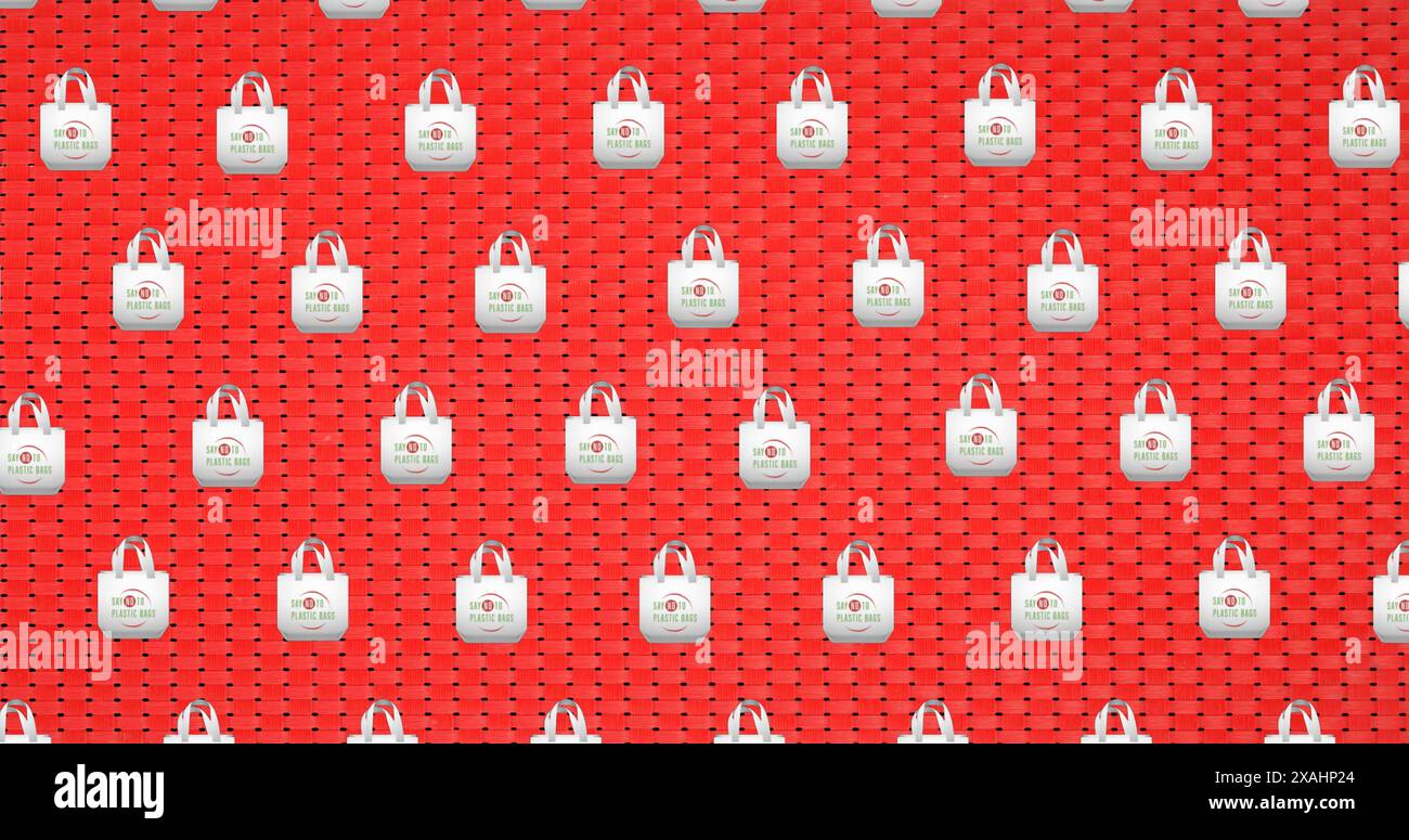 Image of no plastic bags text over bag icons on red background Stock Photo