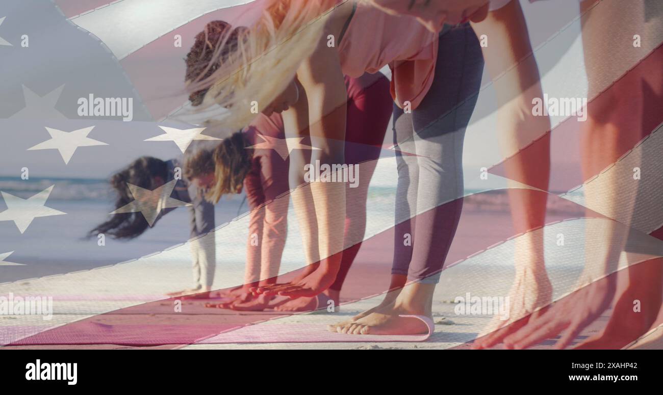 Image of american flag over diverse women exercising at beach Stock Photo