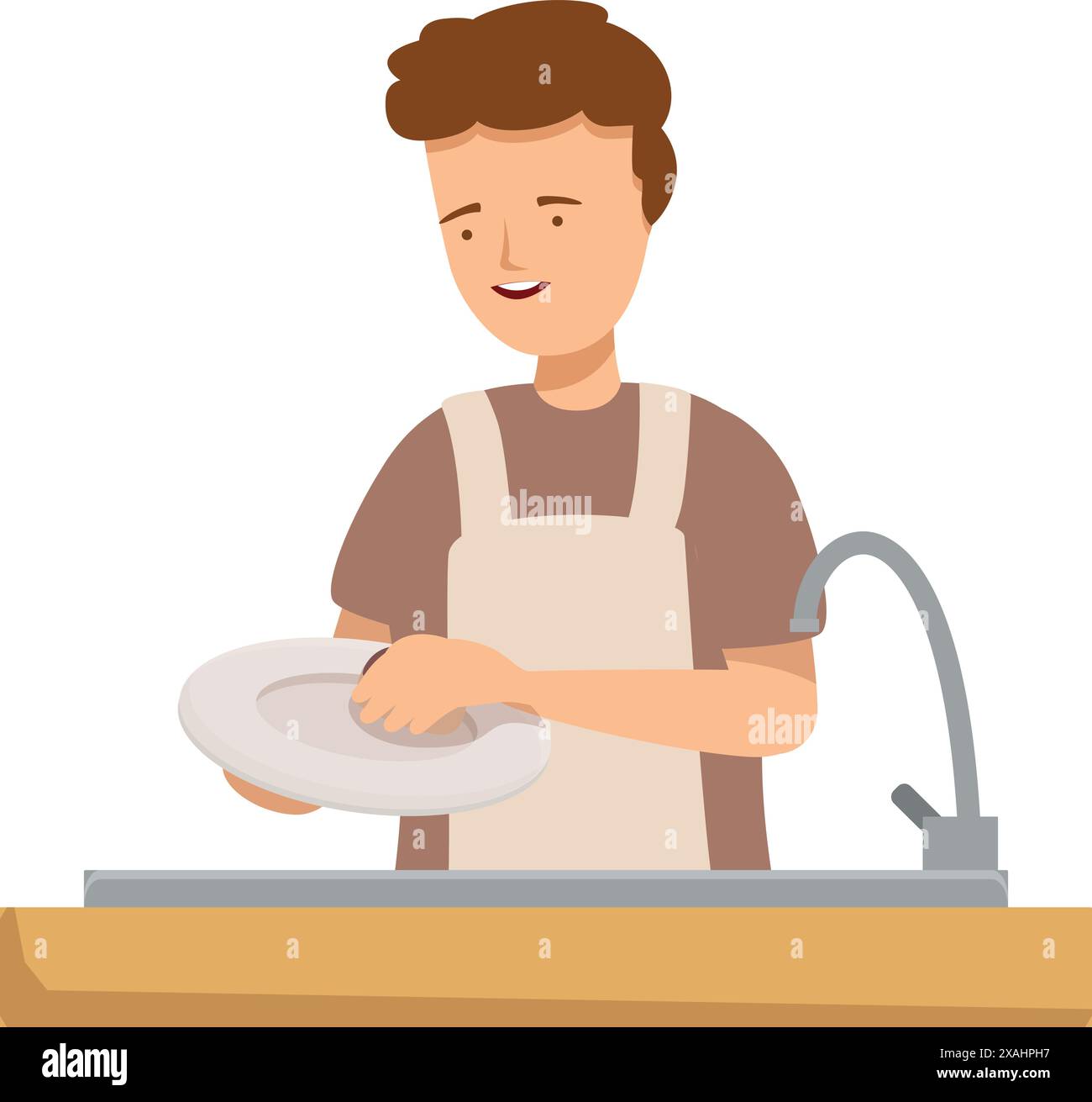 Young man is diligently washing dishes in the kitchen sink, representing domestic responsibility and cleanliness Stock Vector