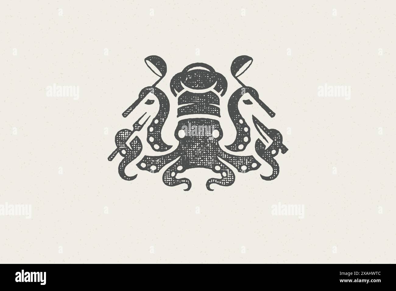 Octopus silhouette in chef hat with cooking tools for seafood restaurant hand drawn stamp effect vector illustration. Vintage grunge texture emblem fo Stock Vector