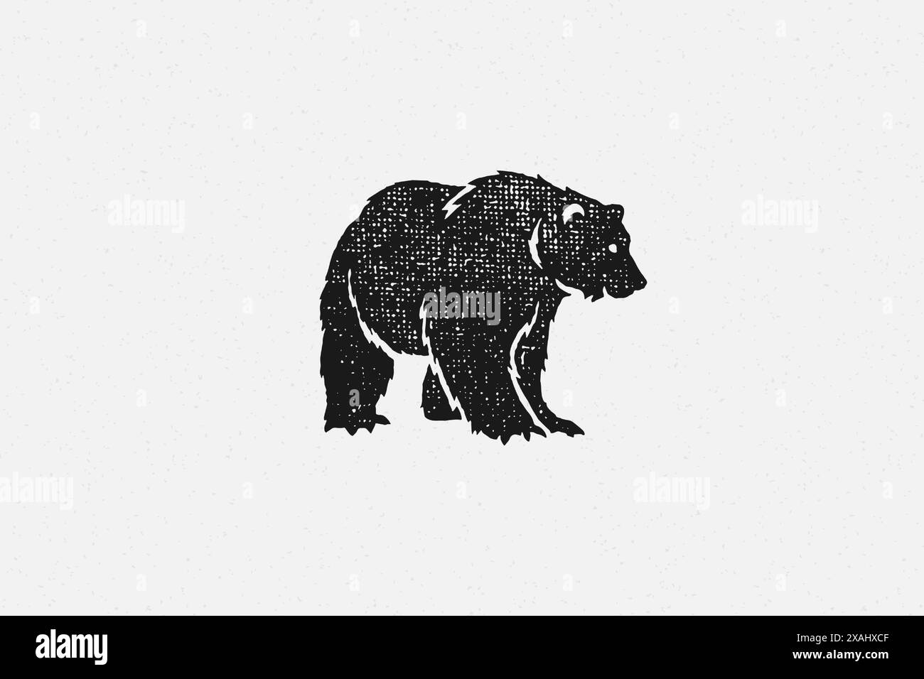 Black silhouette of bear as symbol of wild fauna in nature hand drawn stamp effect vector illustration. Vintage grunge texture on old paper for poster Stock Vector