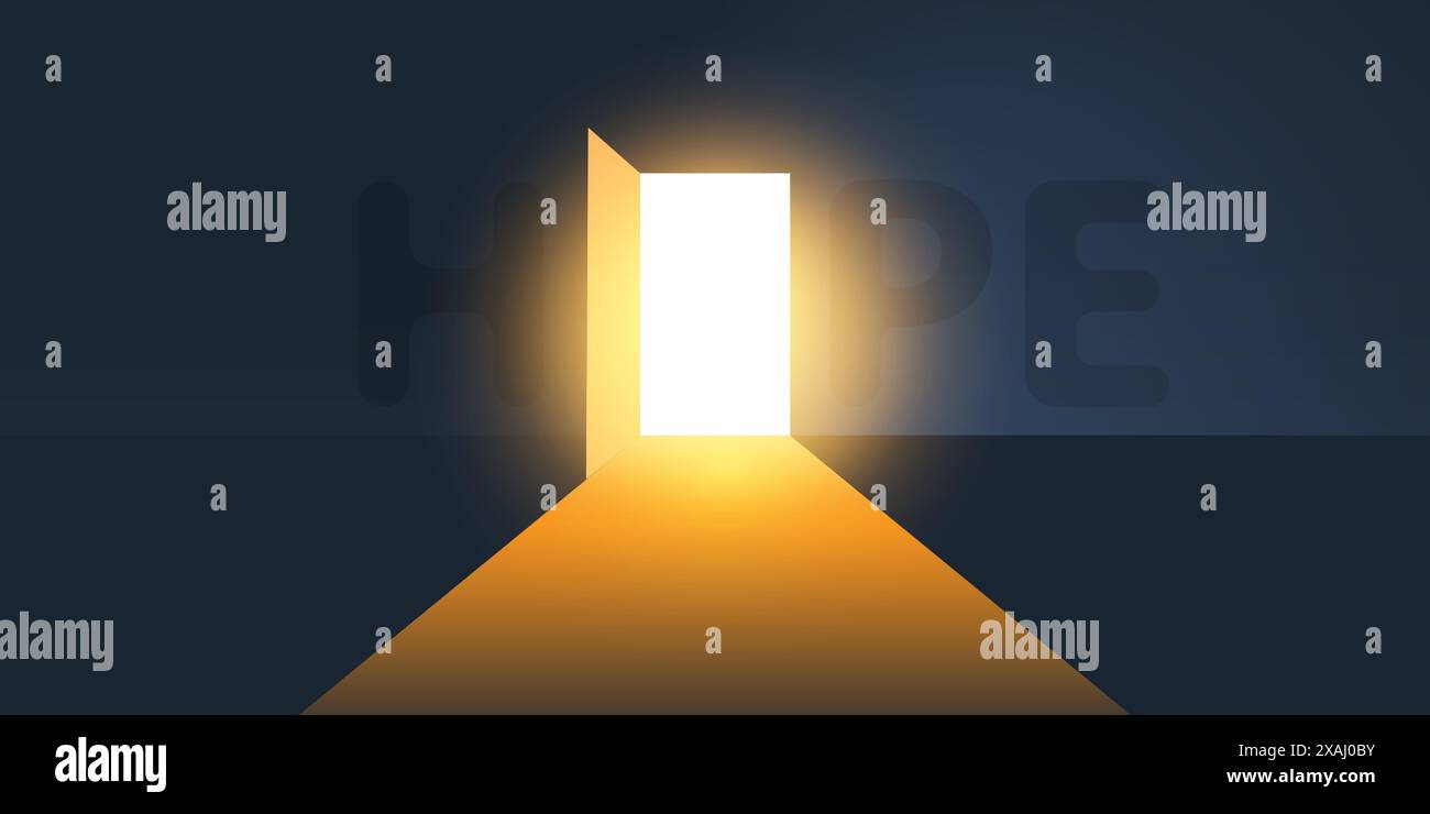 Dark Room, Light Coming In Through an Open Door - New Possibilities, Hope, Overcome Problems, Solution Finding Concept Stock Vector