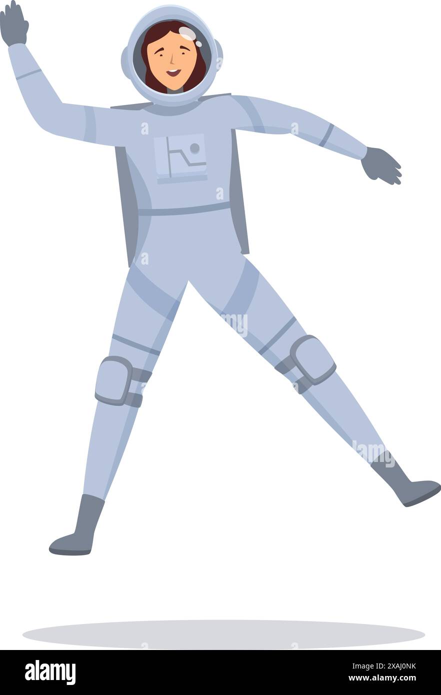 Illustration of a happy female astronaut floating in space wearing a spacesuit waving with one hand Stock Vector