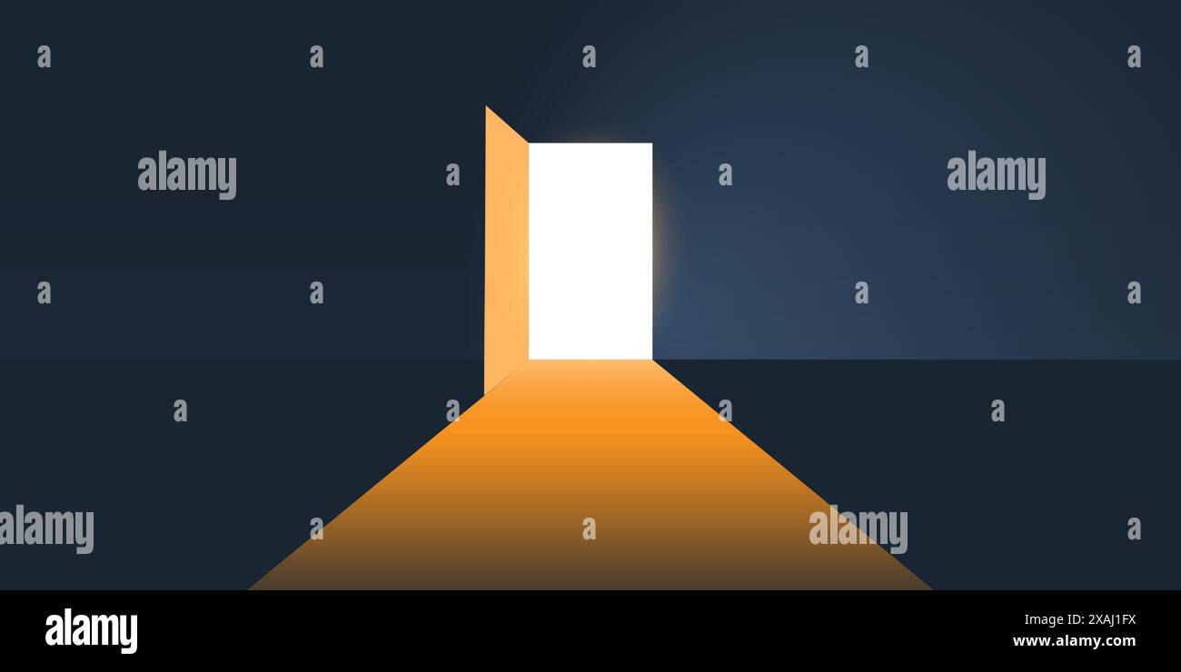 Dark Room, Light Coming In Through an Open Door - New Possibilities, Hope, Overcome Problems, Solution Finding Concept Stock Vector