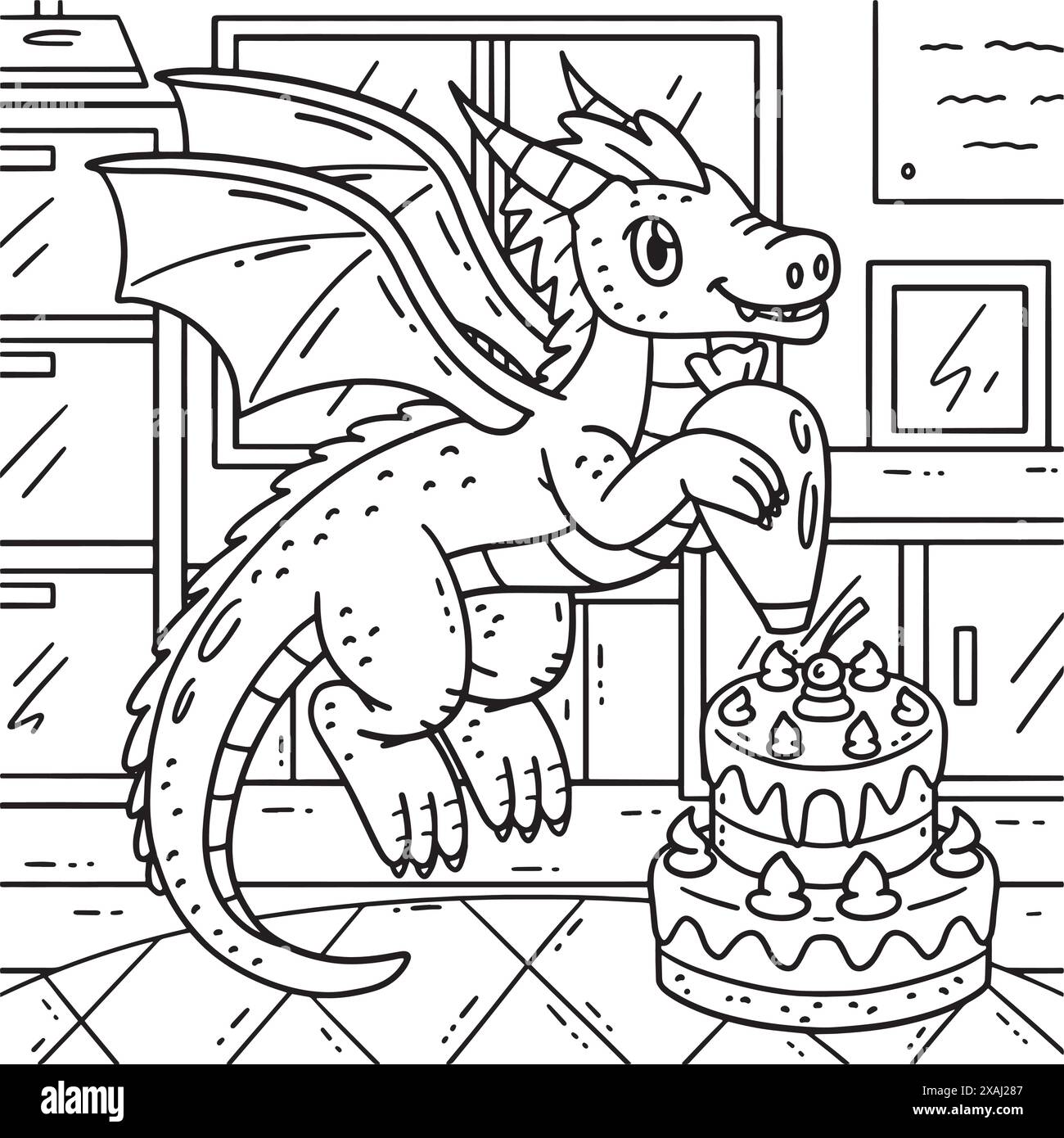Dragon Decorating Cake Coloring Page for Kids Stock Vector Image & Art ...