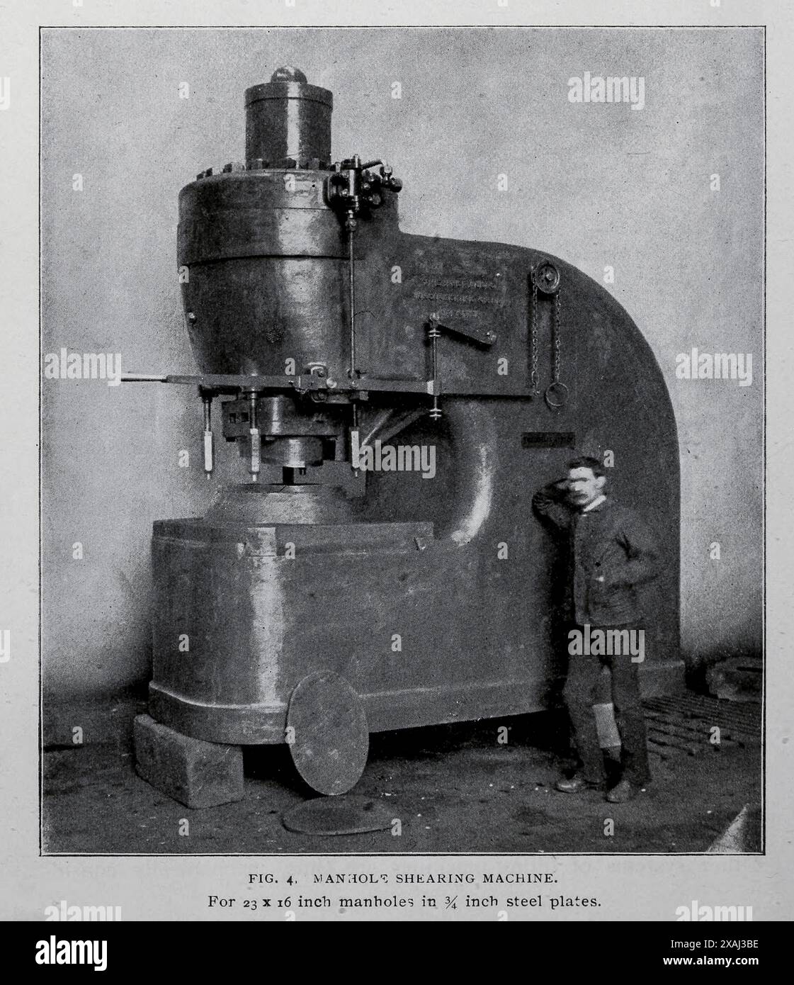 Manholes shearing machine. For 23 X 16 inch manholes in 3/4 inch steel plates. from the Article HYDRAULIC TRANSMISSION AND DISTRIBUTION OF POWER. By E. B. Ellington. from The Engineering Magazine Devoted to Industrial Progress Volume XVII 1899 The Engineering Magazine Co Stock Photo