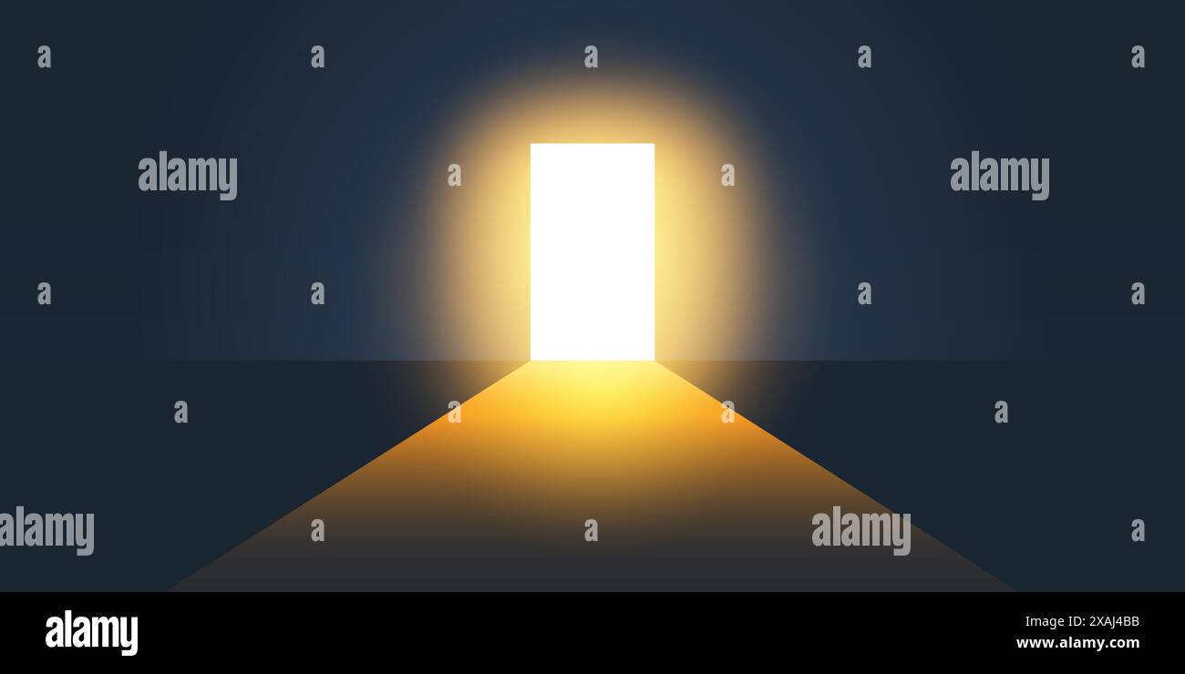 Dark Room, Bright Light Coming In Through an Open Door - New Possibilities, Hope, Overcome Problems, Solution Finding Concept Design Stock Vector