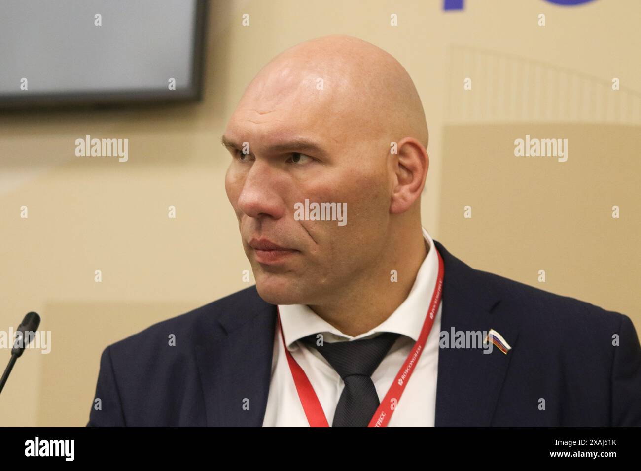 Saint Petersburg, Russia. 06th June, 2024. Nikolai Valuev, First Deputy Chairman of the Committee of the State Duma of the Russian Federation on Ecology and Environmental Protection, attends a session on Media Sport: Phenomenon and Potential in the framework of the St. Petersburg International Economic Forum 2024 (SPIEF 2024). (Photo by Maksim Konstantinov/SOPA Images/Sipa USA) Credit: Sipa USA/Alamy Live News Stock Photo