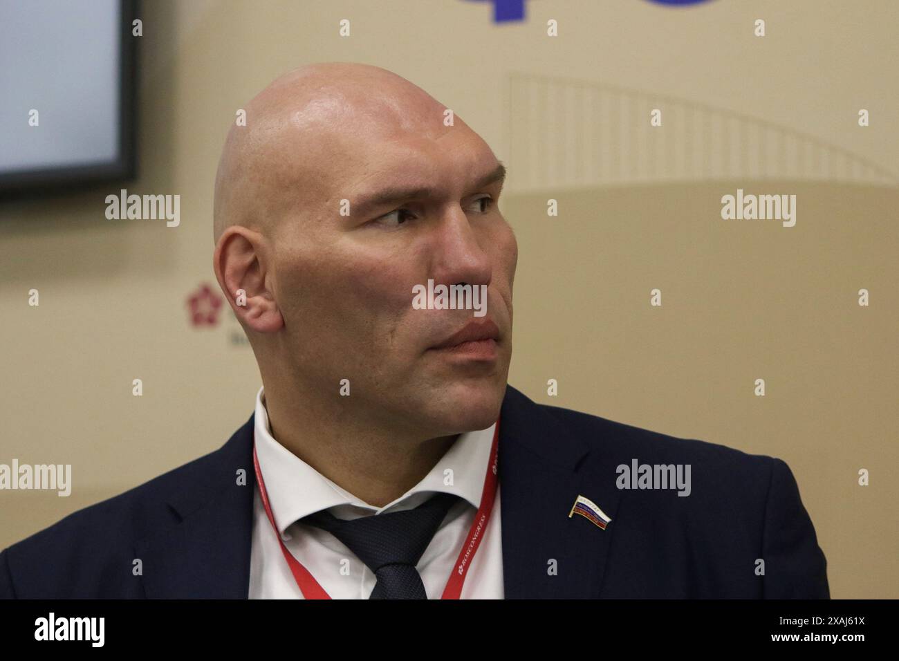 Saint Petersburg, Russia. 06th June, 2024. Nikolai Valuev, First Deputy Chairman of the Committee of the State Duma of the Russian Federation on Ecology and Environmental Protection, attends a session on Media Sport: Phenomenon and Potential in the framework of the St. Petersburg International Economic Forum 2024 (SPIEF 2024). (Photo by Maksim Konstantinov/SOPA Images/Sipa USA) Credit: Sipa USA/Alamy Live News Stock Photo