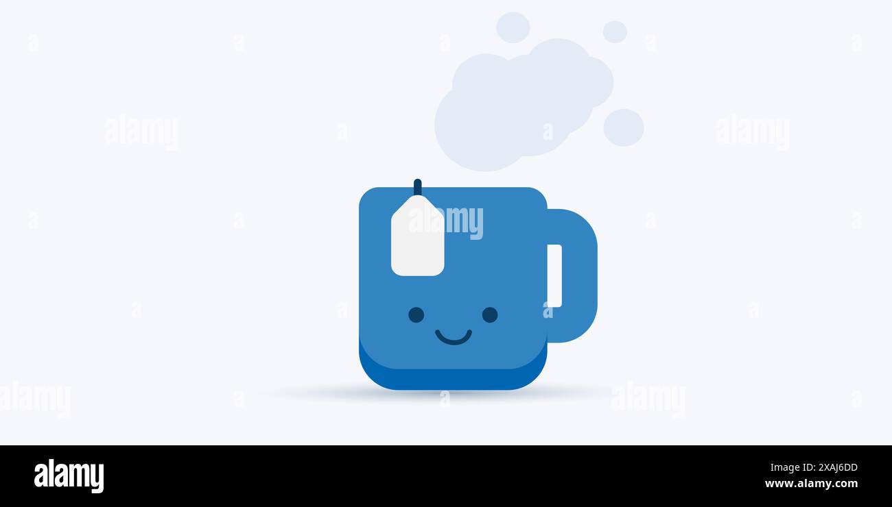 Blue Mug with Tea Filter Bag, Icon, Object Silhouette, Flat Vector Design Element with Smiling Face Stock Vector