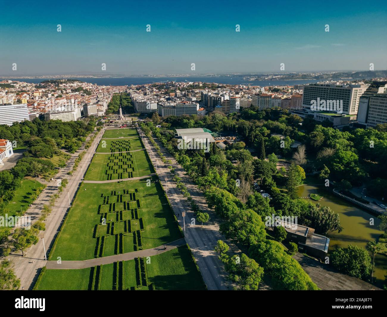 AERIAL View of Eduardo VII park with labyrinth in Lisbon, Portugal . High quality photo Stock Photo