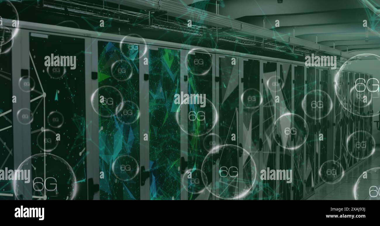 Image of shapes and 6g texts over server room, copy space Stock Photo ...