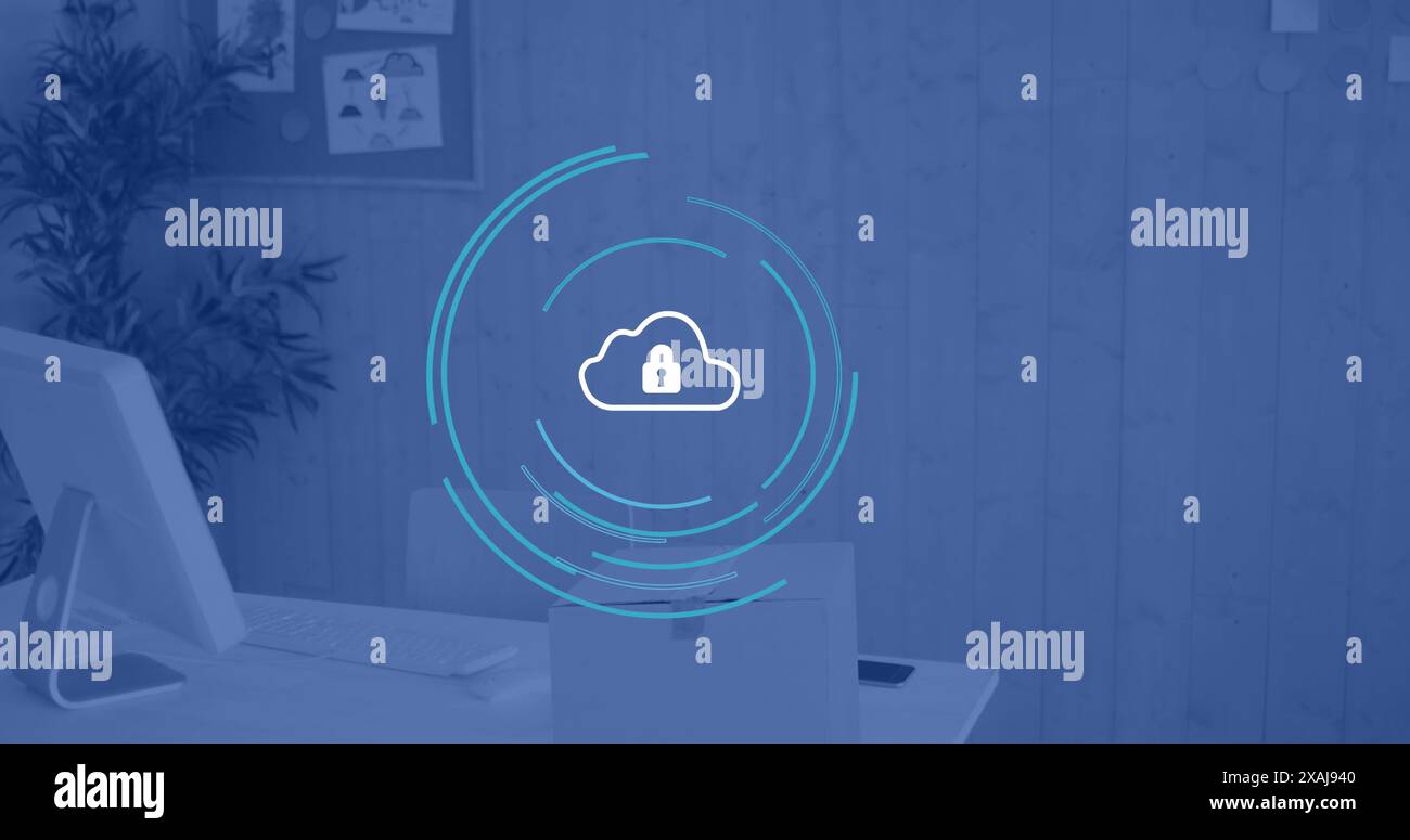Image of cloud with padlock and financial data processing over office, copy space Stock Photo