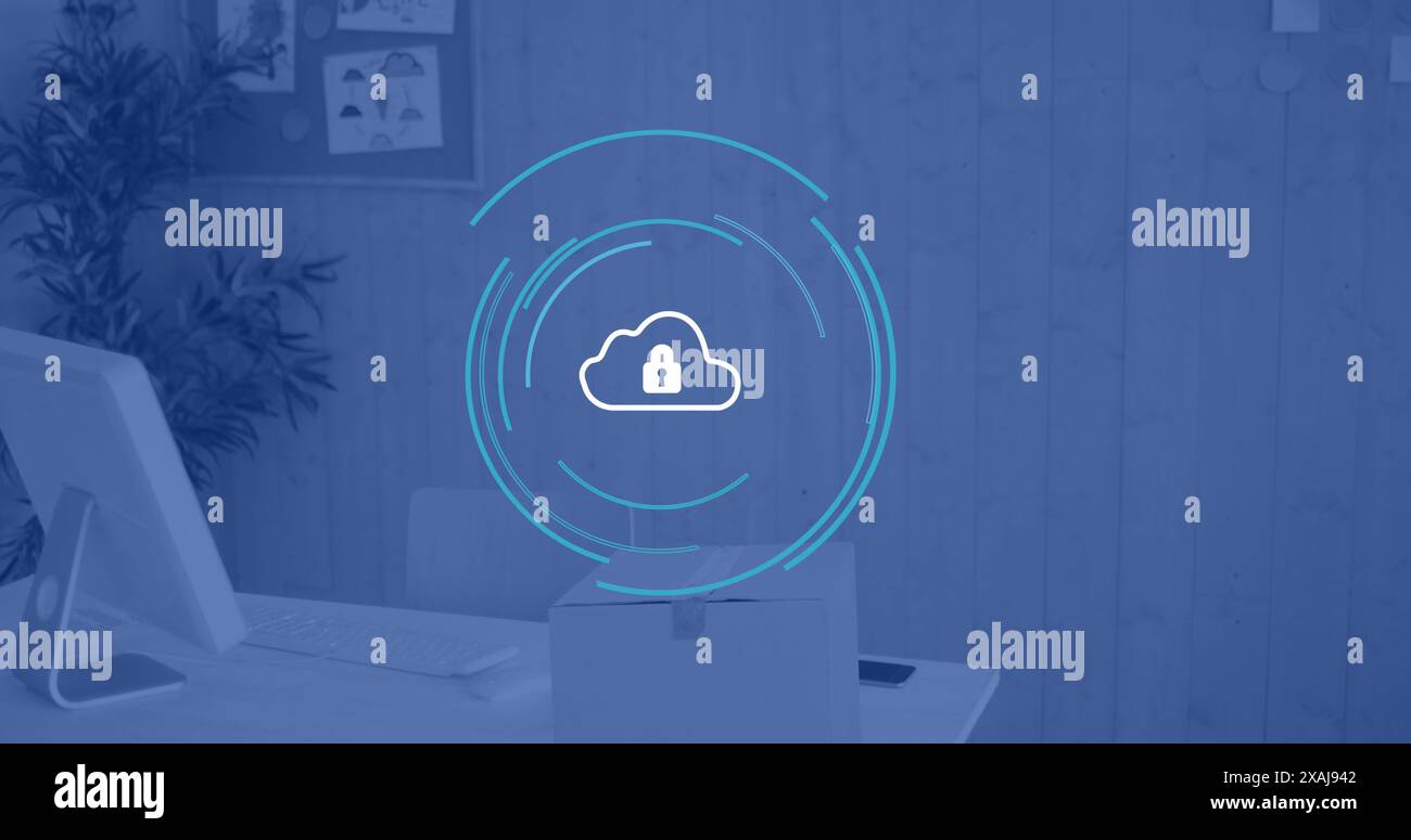 Image of cloud with padlock and financial data processing over office, copy space Stock Photo