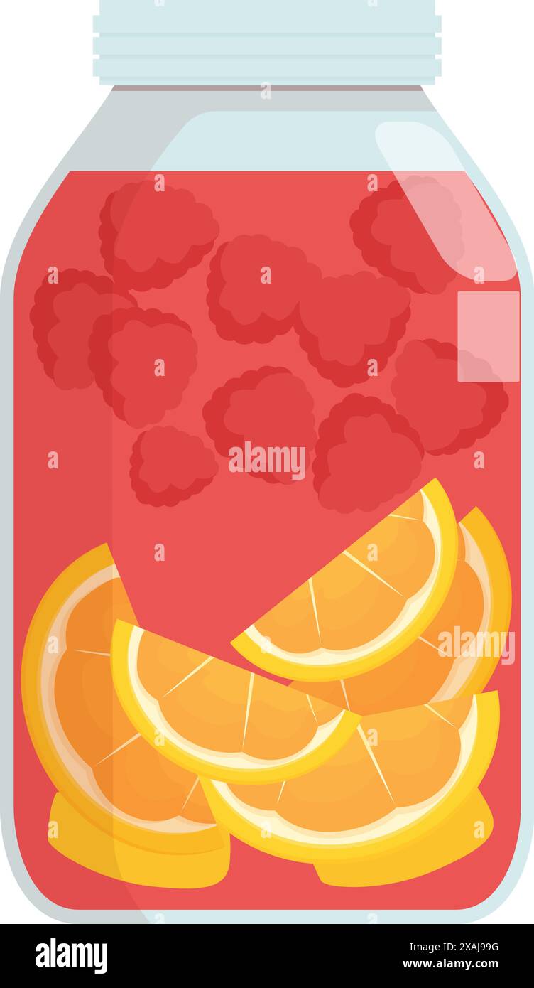 Glass jar filled with sliced oranges and raspberries making refreshing summer drink, perfect for visualizing healthy lifestyle Stock Vector