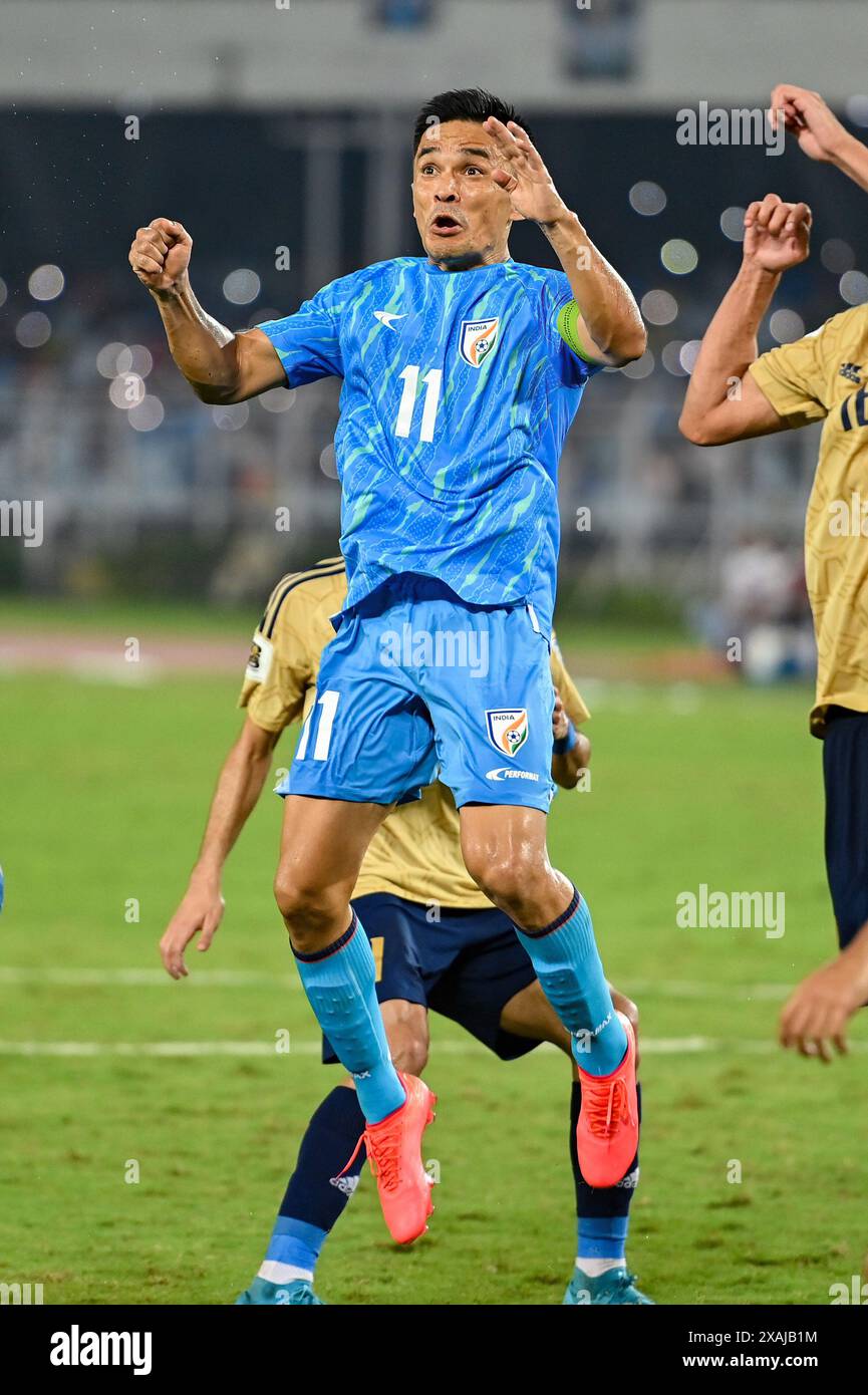 Kolkata India 06th June 2024 India s Sunil Chhetri blue Jersey No kolkata-india-06th-june-2024-india-s-sunil-chhetri-blue-jersey-no