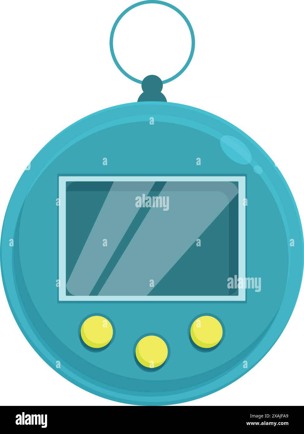 Blue virtual pet keychain with buttons and screen is isolated on white