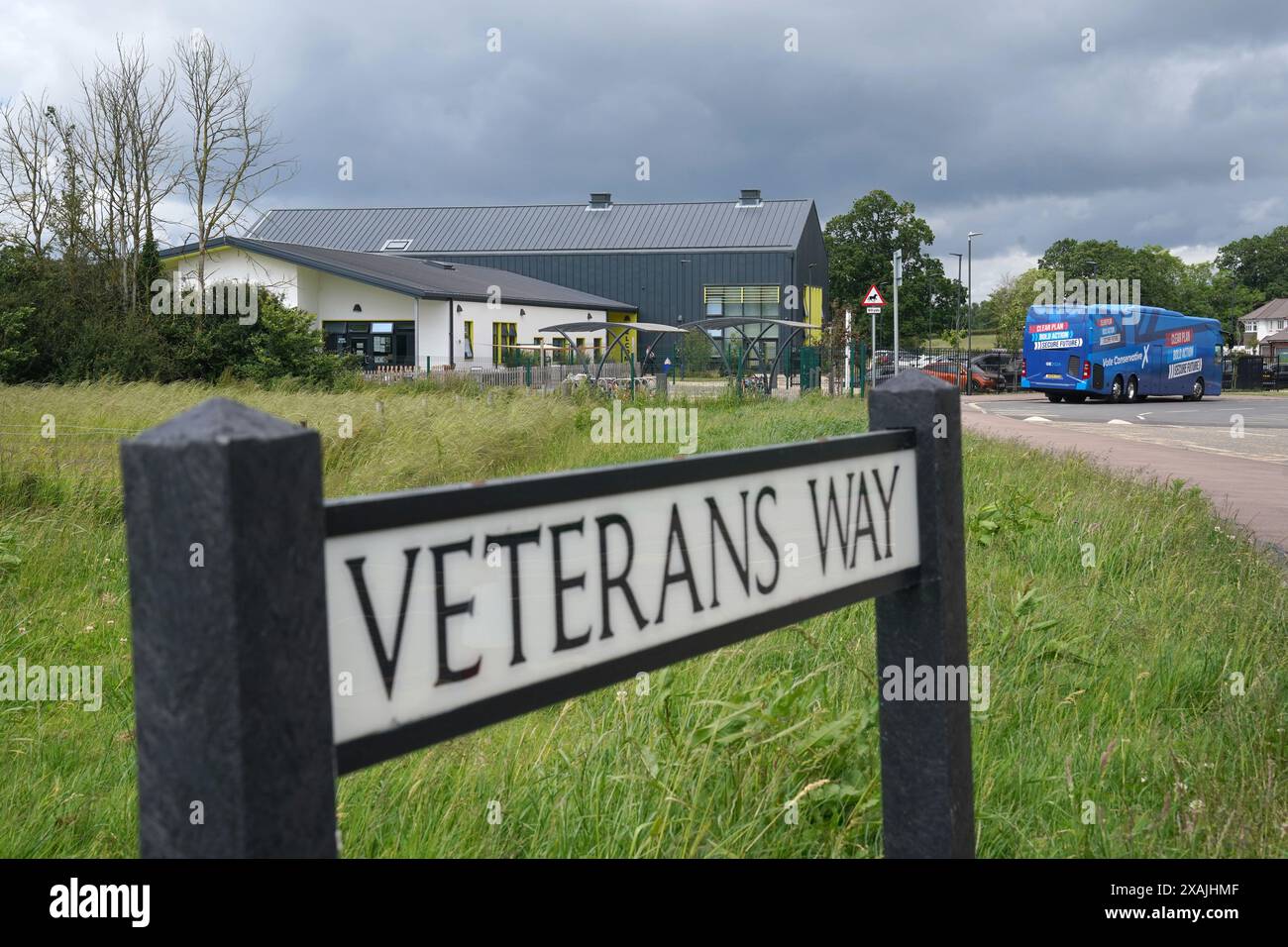 The Conservative Party campaign bus during Prime Minister Rishi Sunak's
