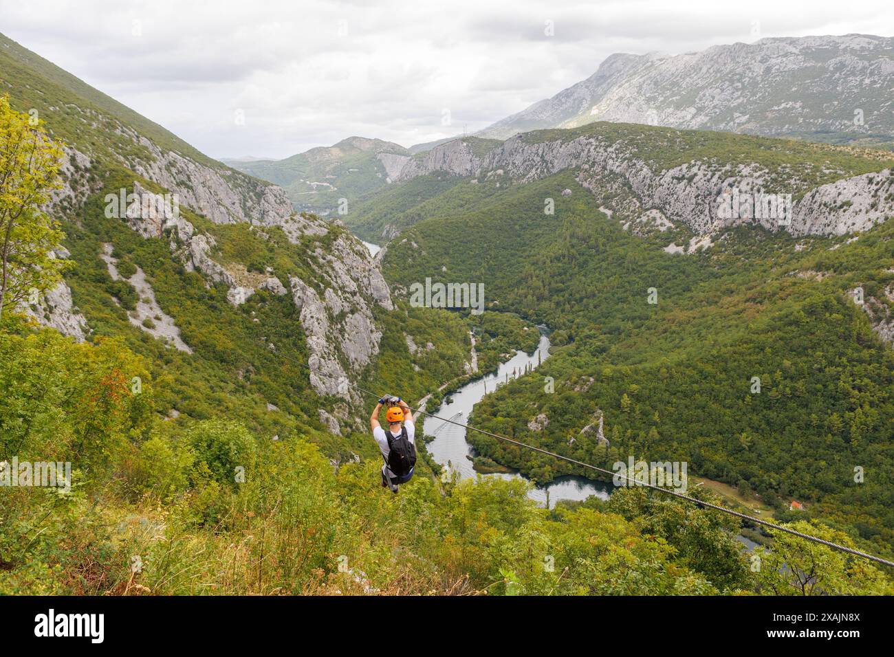 Zip wiring in the mountains of Omis, Croatia. Stock Photo