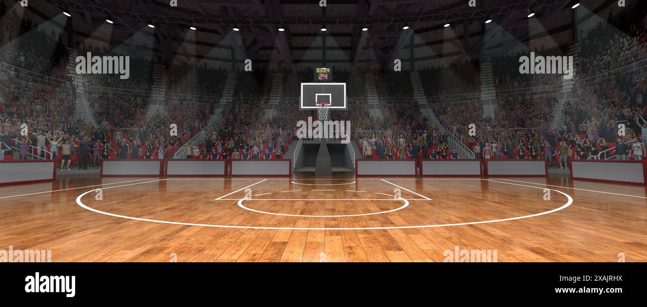 Basketball Court With Intense Lighting While Hoop And Scoreboard Are Basketball Court With Intense Lighting While Hoop And Scoreboard Are Ready For Action On Background With Crowdy Stages 2XAJRHX