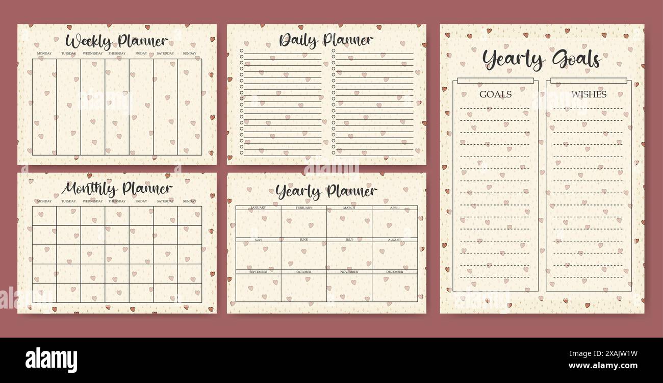Business organizer romantic spring paper sheets. Yearly planners worksheet lovely template set. Blank printable goal setting sheets. Scheduling pages Stock Vector