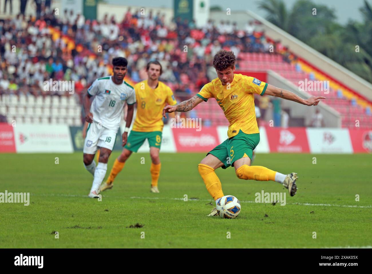 Australia defender Jordan Bos during their second leg match of the FIFA World Cup Qualifiers against Bangladesh at the Bashundhara Kings Arena in Dhak Stock Photo