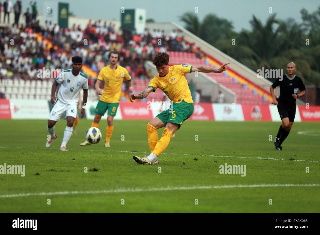 Australia defender Jordan Bos during their second leg match of the FIFA World Cup Qualifiers against Bangladesh at the Bashundhara Kings Arena in Dhak Stock Photo