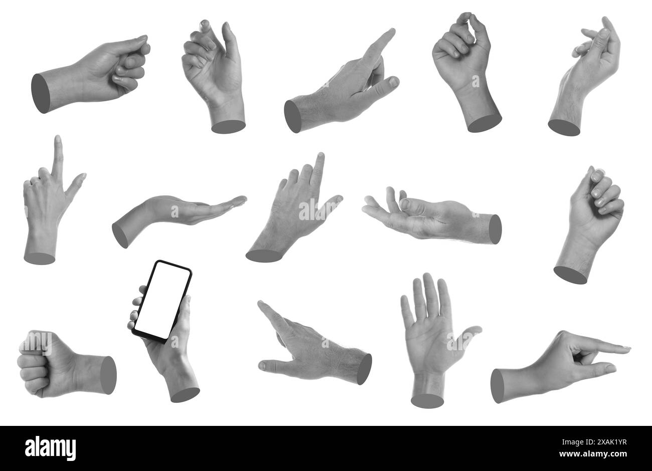 Set of different hand gestures isolated on white. Black and white ...