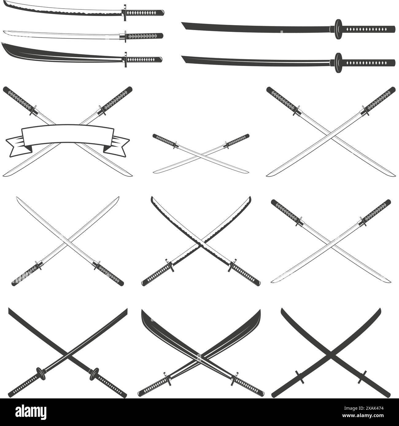 Set of the katana swords. Samurai and ninja weapon in retro style. Crossed samurai swords