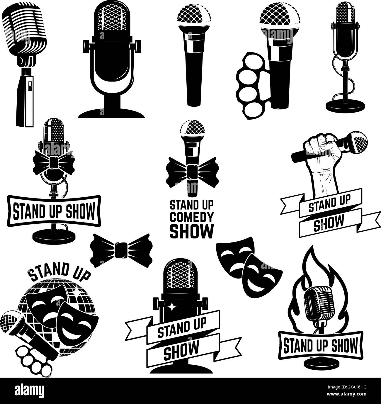 Stand up comedy show labels. Set of old style microphones. Design