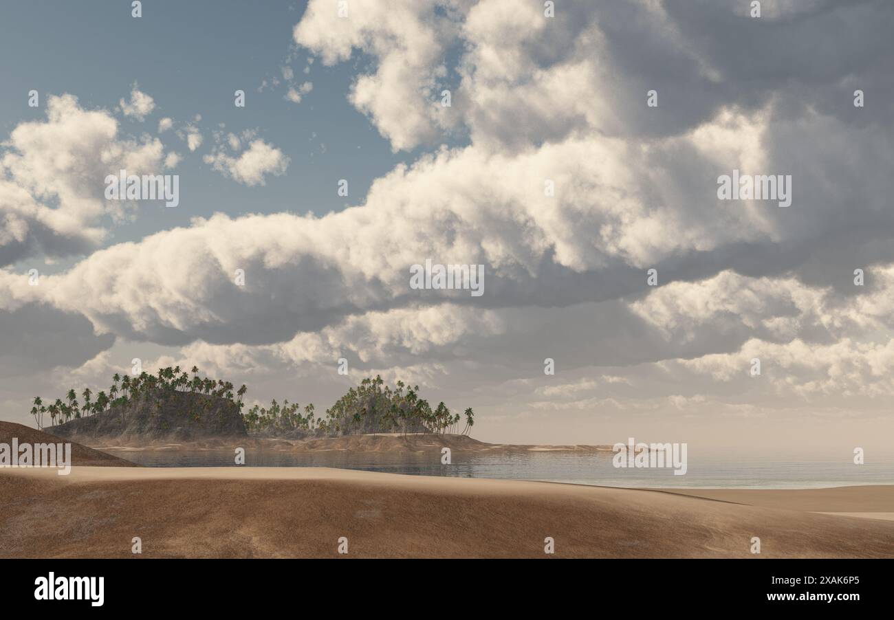 Coastal landscape with palms and cloudy sky Stock Photo