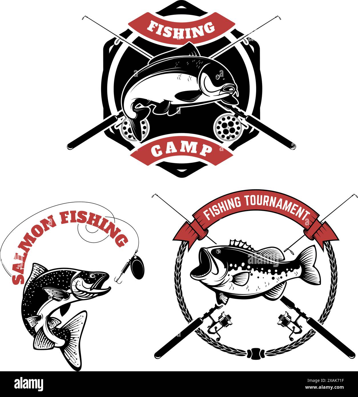 fishing tournament labels. Carp fishing, salmon fishing, perch fishing