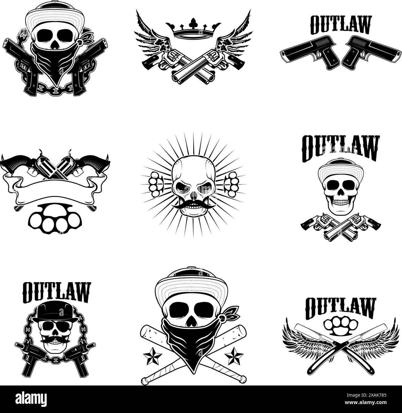 Set of  gangsta skulls isolated on white background. outlaw. Wings with weapon.  Design element for t-shirt print, poster, sticker. Vector illustratio Stock Vector