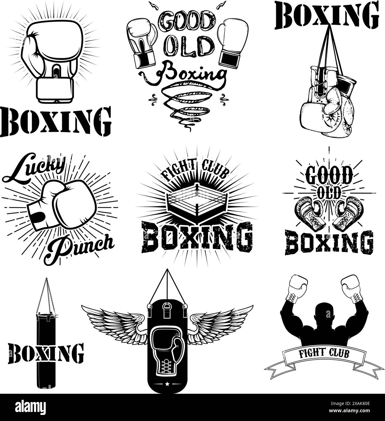 Set of the boxing club labels, emblems and design elements. Boxing gloves.  Lucky punch. Set of design elements in vector. Stock Vector