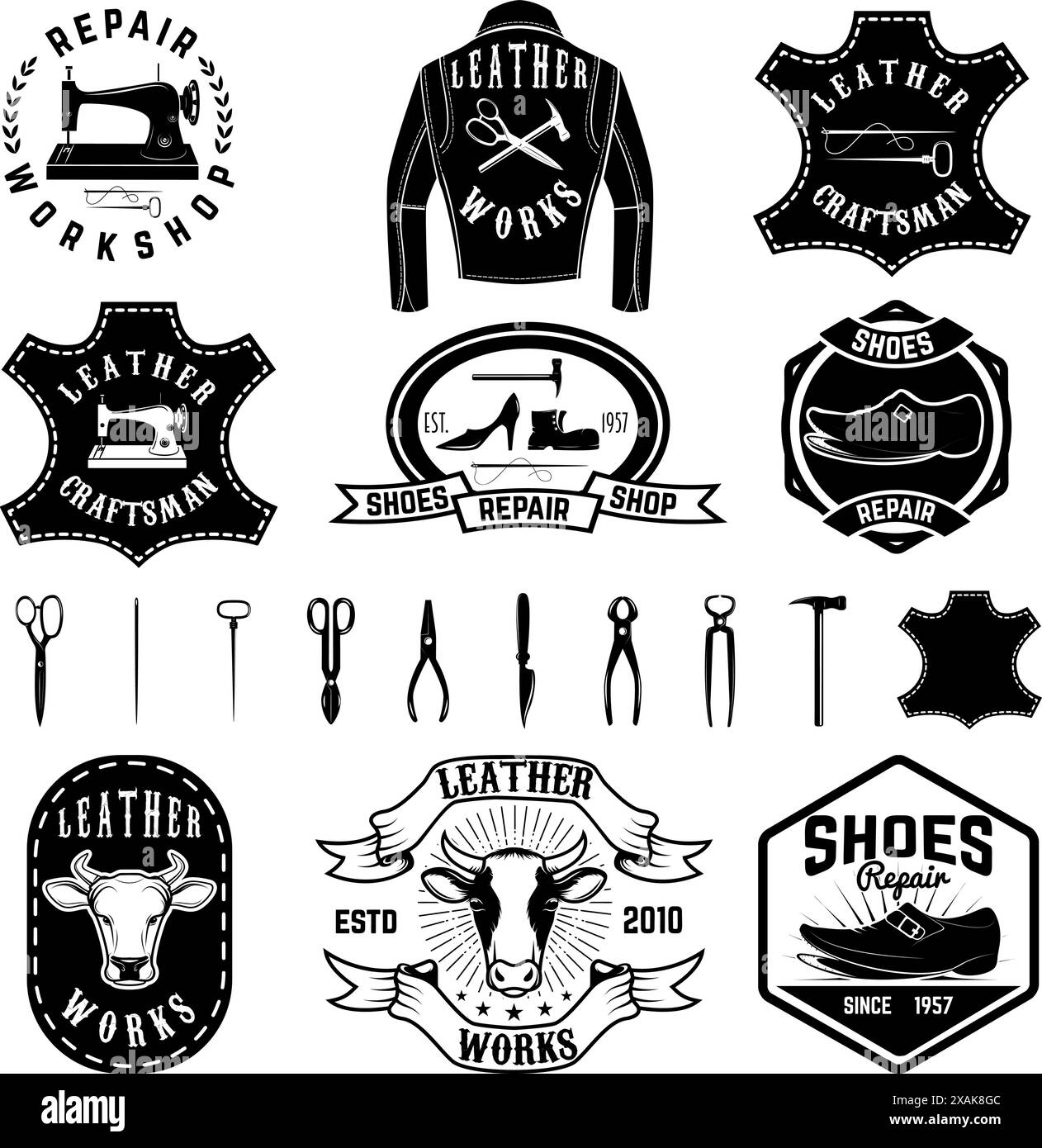 Set of repair labels and design elements. Leather works, shoe