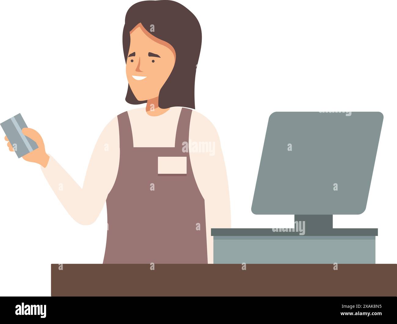 Friendly cashier is holding a credit card, ready to process a payment at the checkout counter Stock Vector
