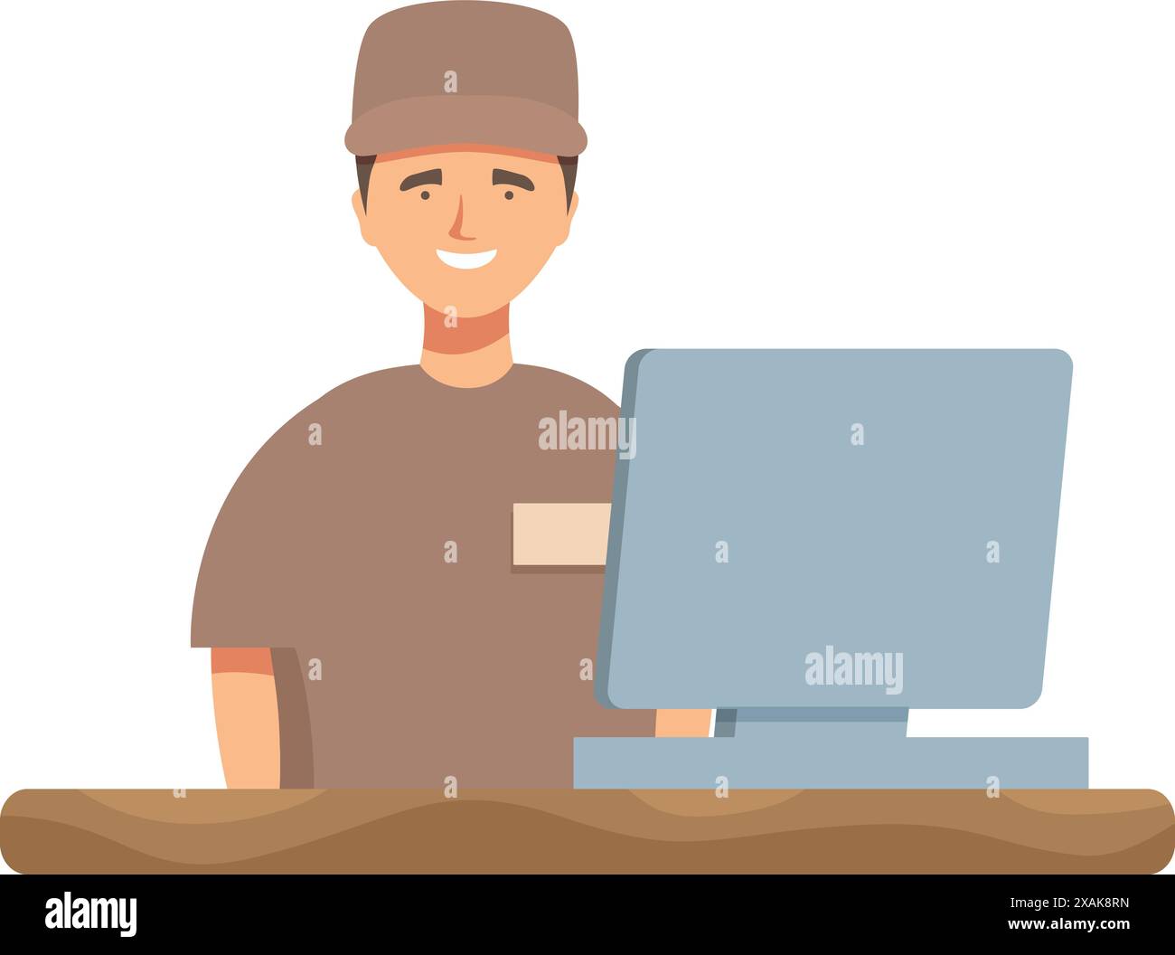 Delivery man is sitting at a desk using a desktop computer Stock Vector ...