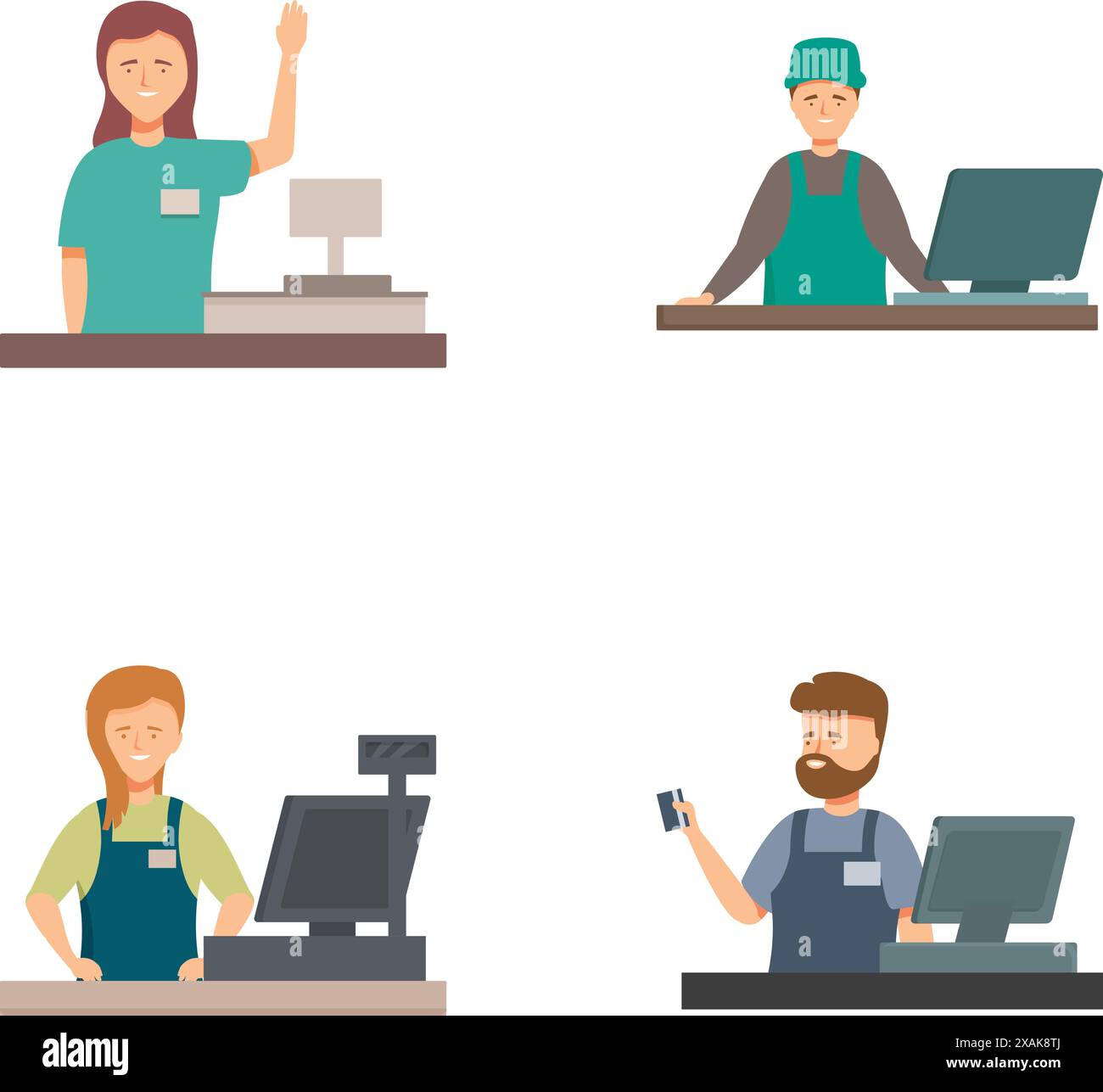 Illustration of four different cashiers, each at their registers
