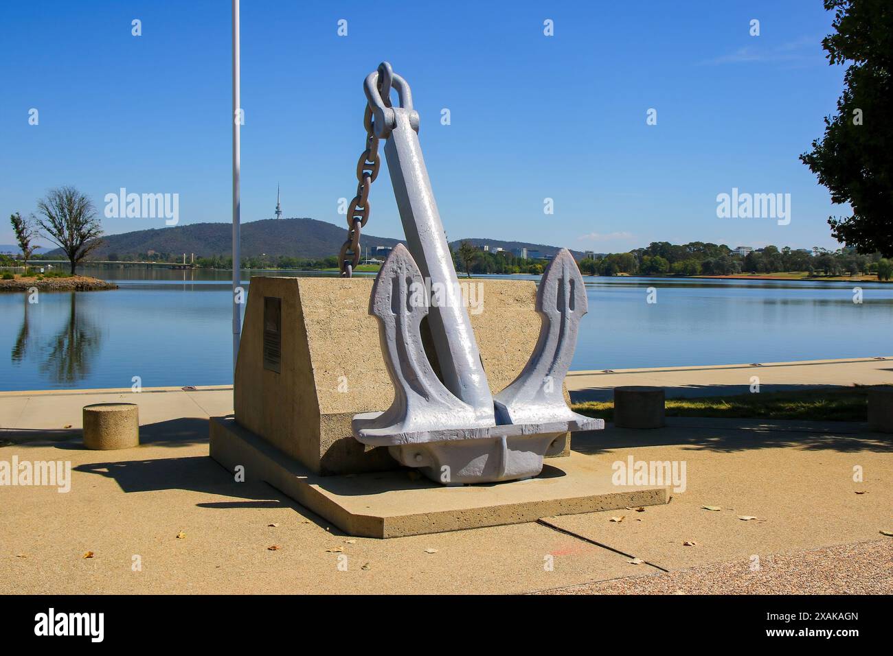 HMAS Canberra anchor monument on the shores of Lake Burley Griffin in Canberra, Australian Capital Territory Stock Photo