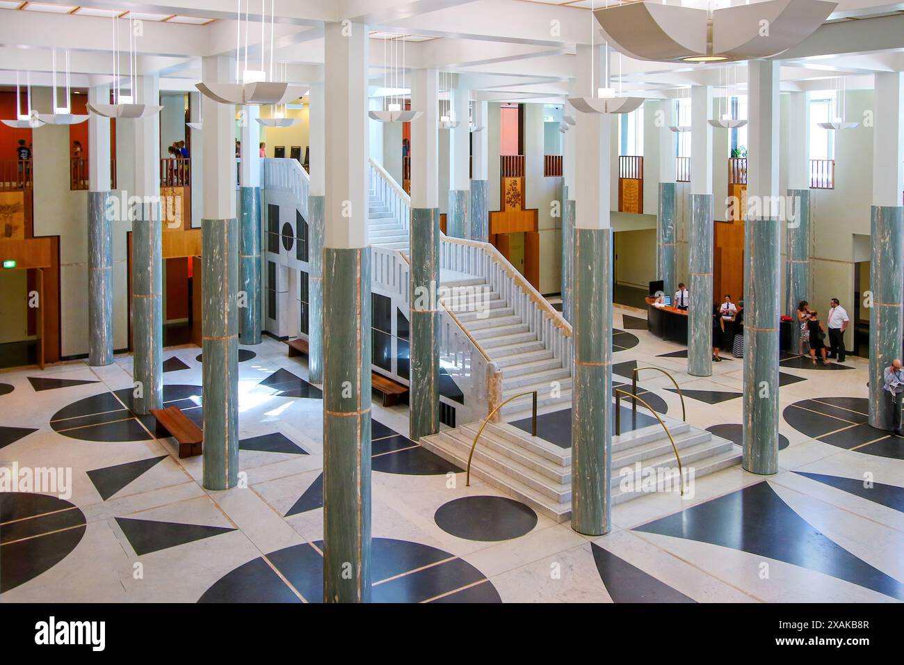 Main foyer of the Parliament House of Australia, decorated with green marble columns and a white marble staircase in Canberra, Australian Capital Terr Stock Photo