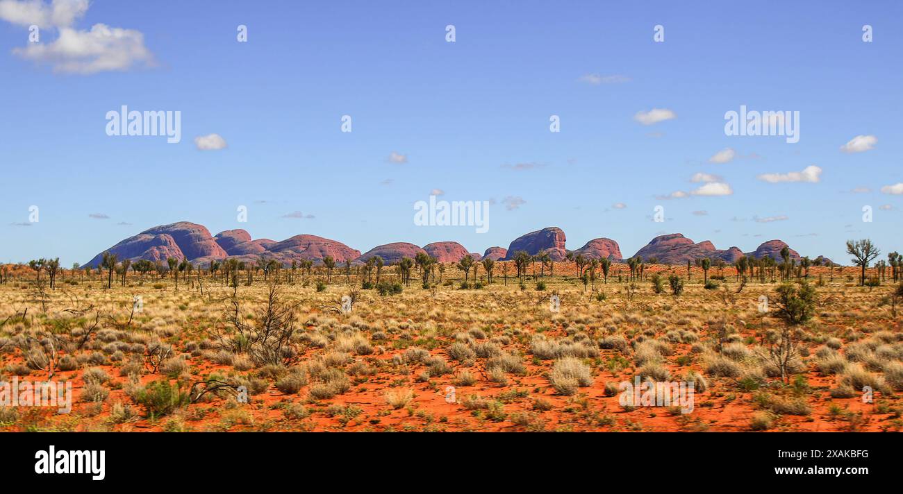 Panoramic view of the skyline of Kata Tjuta aka the Olgas, large domed rock formations in Northern Territory, Central Australia - Inselberg sacred to Stock Photo