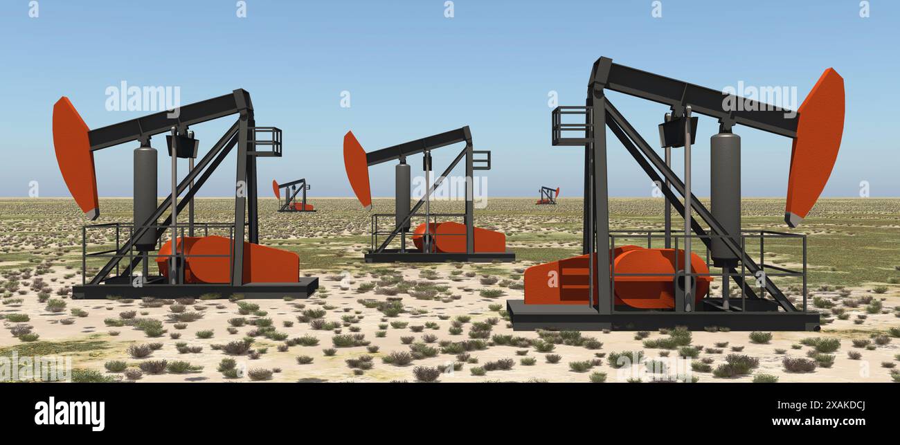 Oil pumps in a landscape Stock Photo