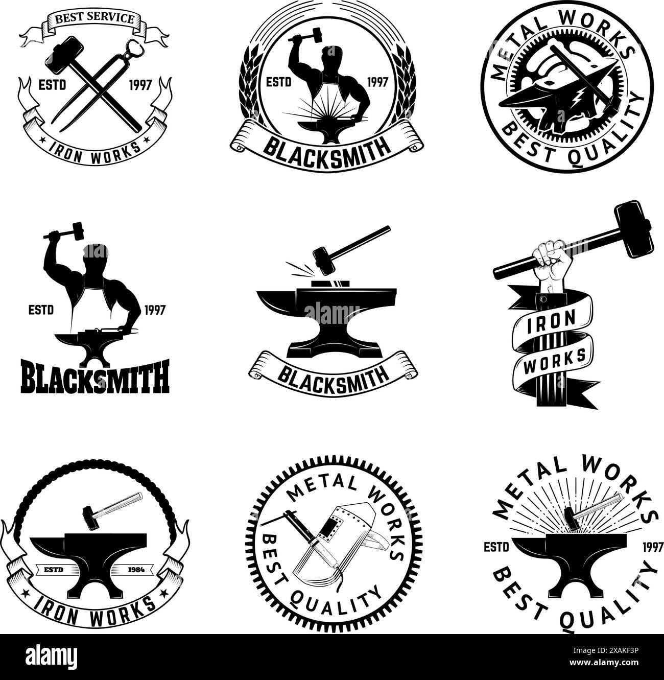 Set of blacksmith, iron works labels, badges and design elements. Iron