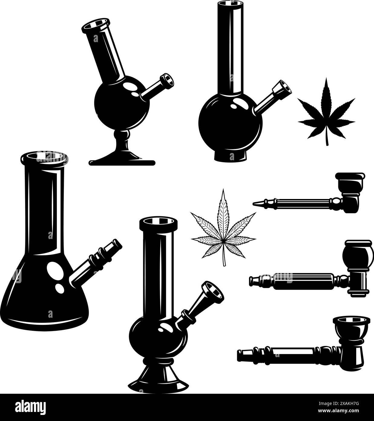 Set of cannabis leafs, bongs. Marijuana labels, badges, emblems and ...