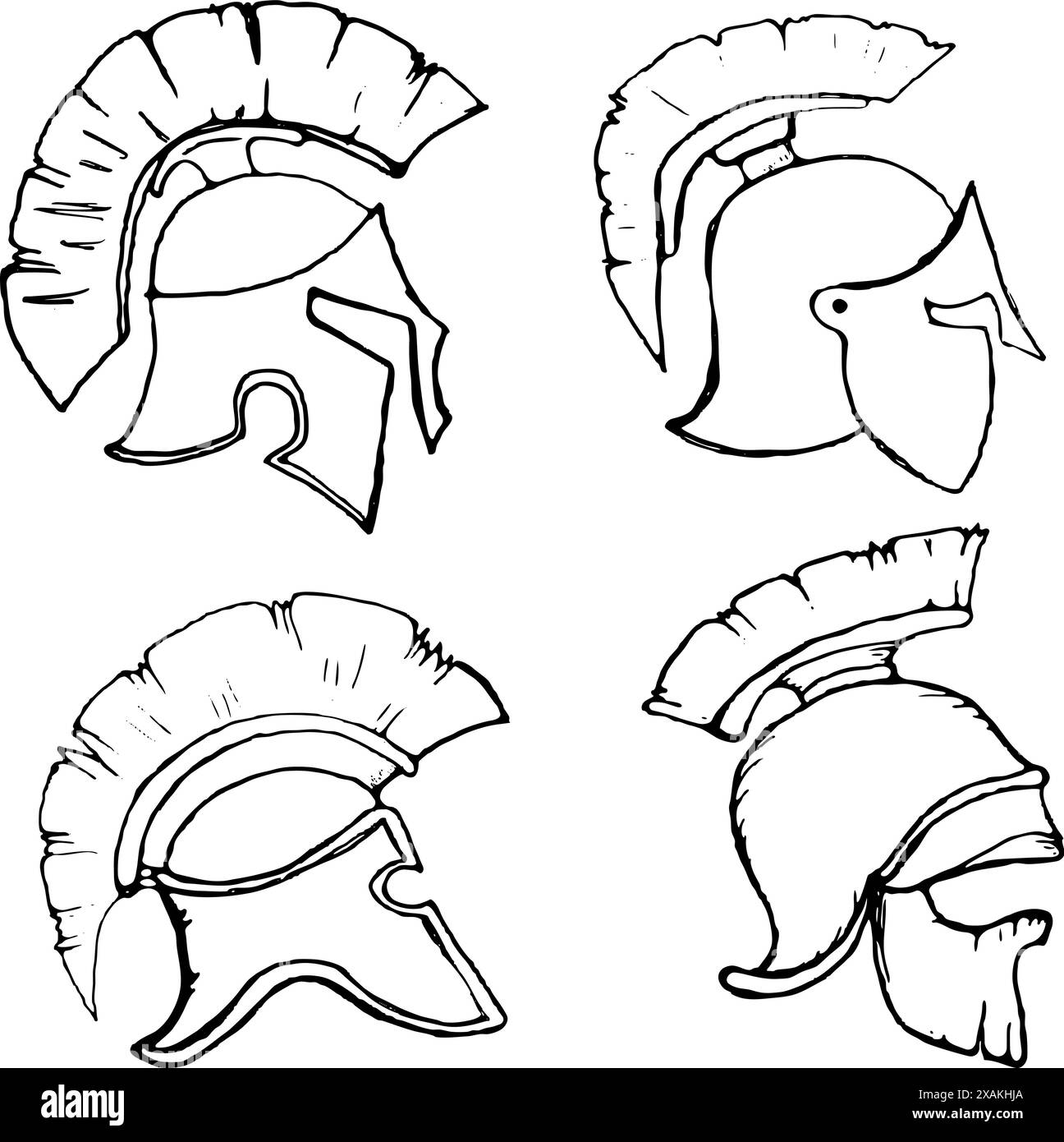 Spartan Helm Variations Set in side view isolated on white background. Logo design template. Vector illustration. Stock Vector