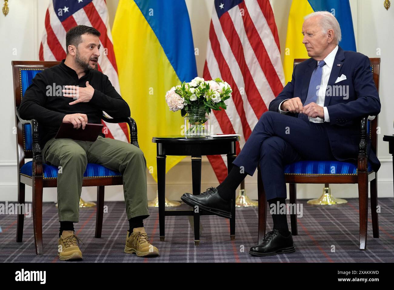 Normandy, France. 07th June, 2024. US President Joe Biden (R) shakes hands with Ukraine's President Volodymyr Zelensky (L) as they hold a bilateral meeting at the Intercontinental Hotel in Paris, on Fraiday on June 7, 2024. Biden announced $225 million in new aid for Ukraine during talks with Zelensky in Paris. Photo by U.S. Embassy France/UPI Credit: UPI/Alamy Live News Stock Photo