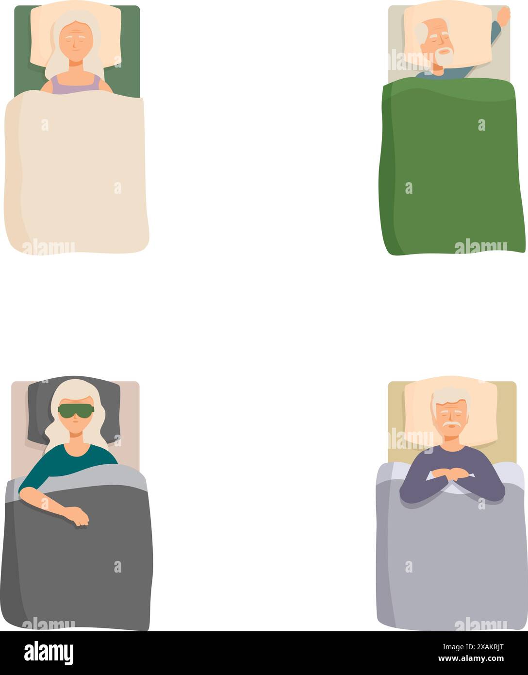 Set of four cartoon characters comfortably sleeping in their beds with